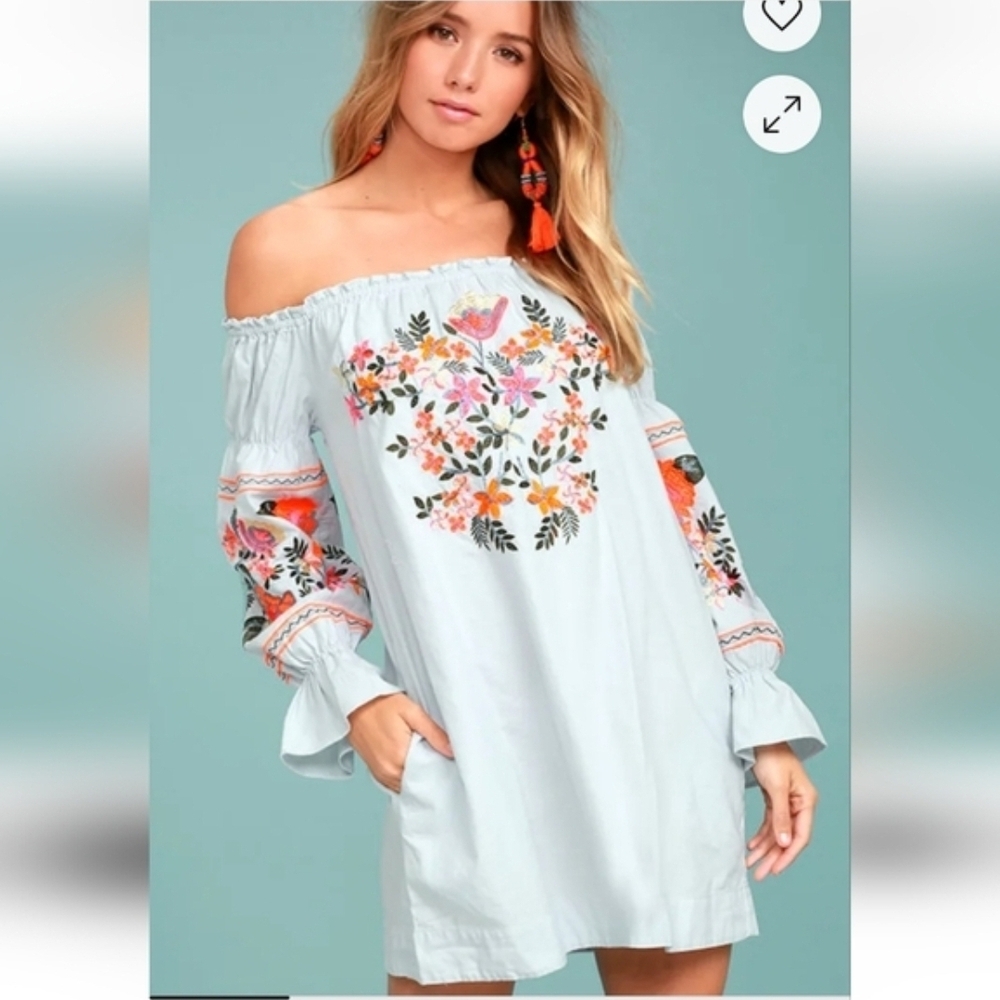 Free People Boho Off The Shoulder Floral Embroidered Off-Shoulder Dress Large